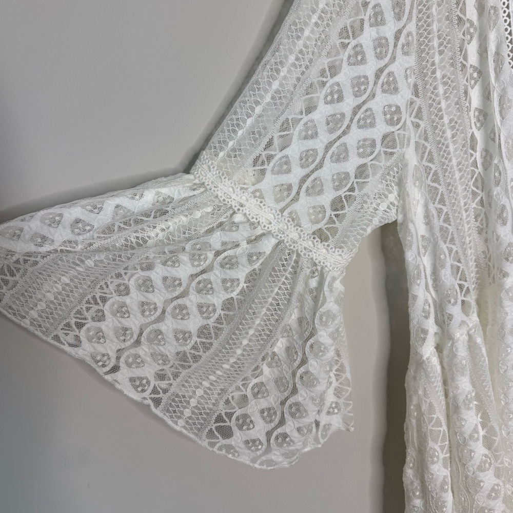Origami | White Lace Duster Cardigan Sheer Lace Hi Lo Hem Boho Western Sz Small - Picture 2 of 8